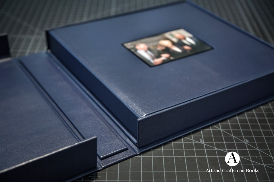Navy leather photography book with printed cover panel